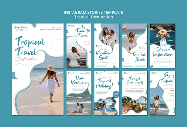 PSD flat design tropical destination instagram stories design template