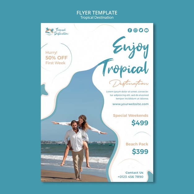 Flat design tropical destination poster design template