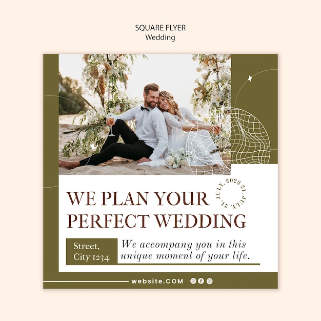 PSD flat design wedding celebration square flyer