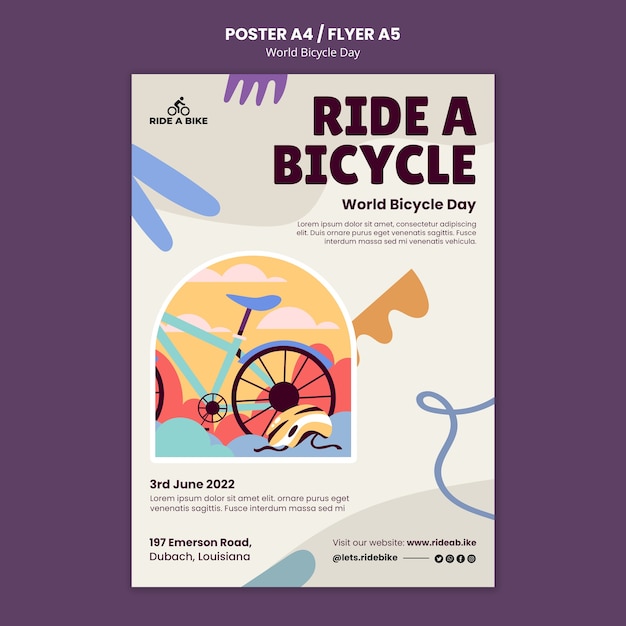 PSD modello di poster per la giornata mondiale della bicicletta dal design piatto