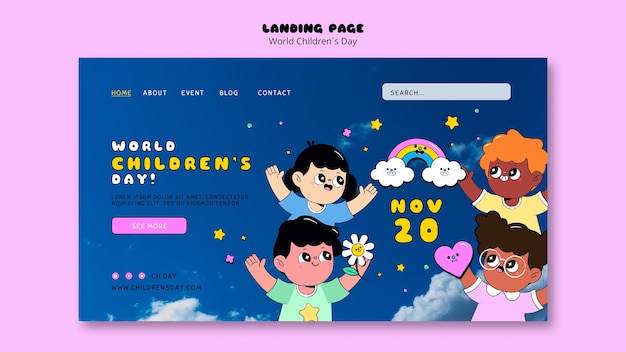 PSD flat design world children's day landing page