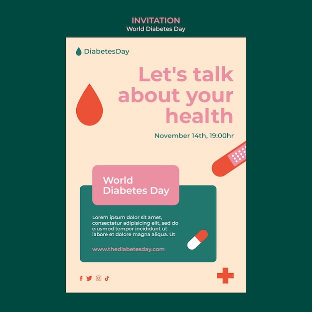 PSD flat design world diabetes day invitation