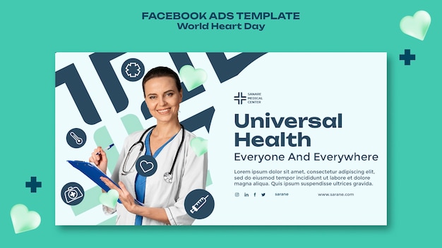 フラットなデザインの世界心臓の日の Facebook テンプレート
