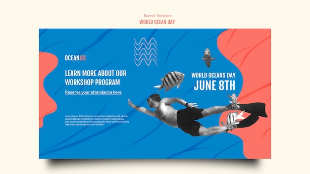 PSD flat design world ocean day banner template