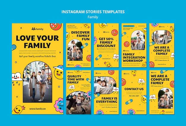 PSD Шаблон оформления плоских семейных историй instagram