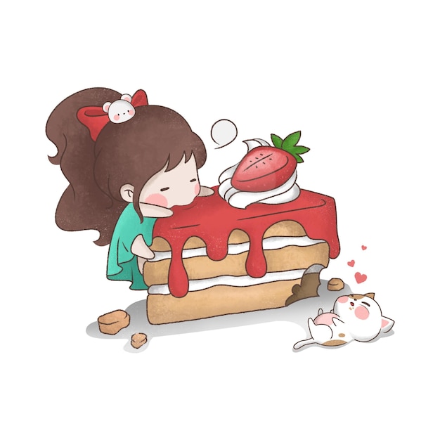 딸기 케이크 한 조각을 먹는 귀여운 소녀의 평면 그림