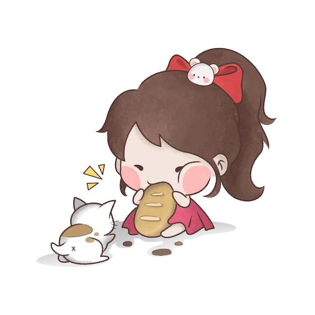 PSD flat illustration of a cute little girl who love to eat