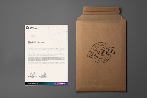 PSD flat lay over a4 envelope mockup