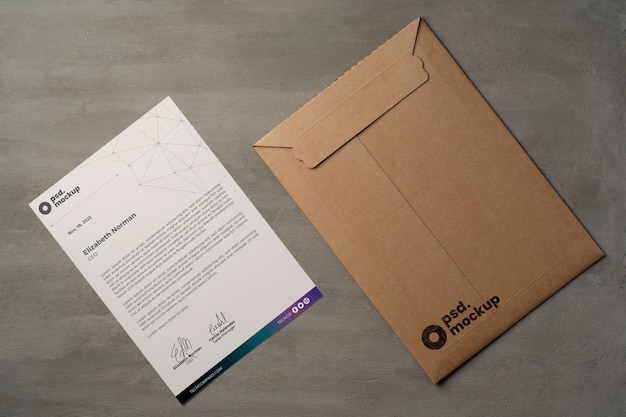 Flat lay over a4 envelope mockup