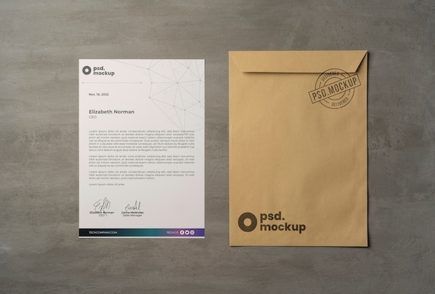 PSD flat lay over a4 envelope mockup