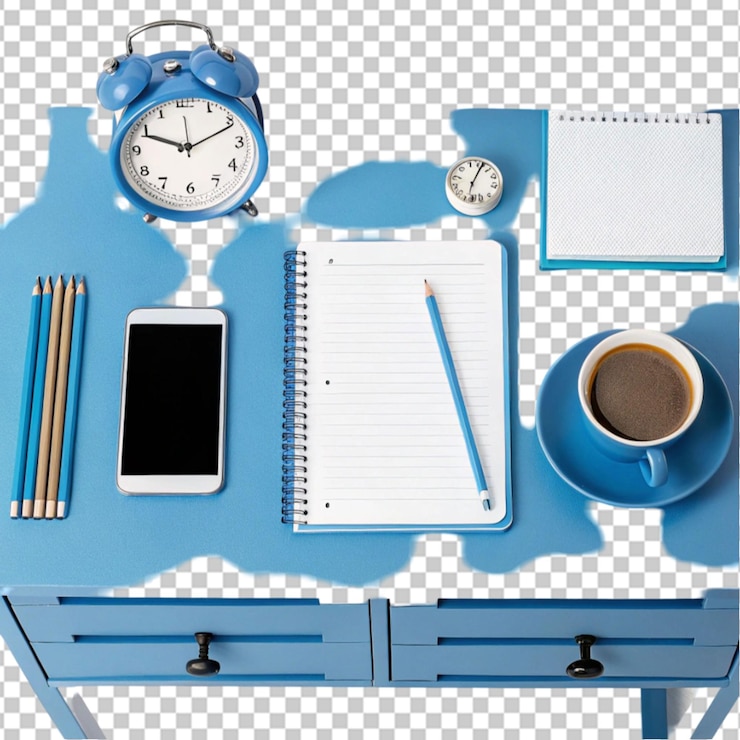PSD flat lay alarm clock and stationery items with phone on a transparent background