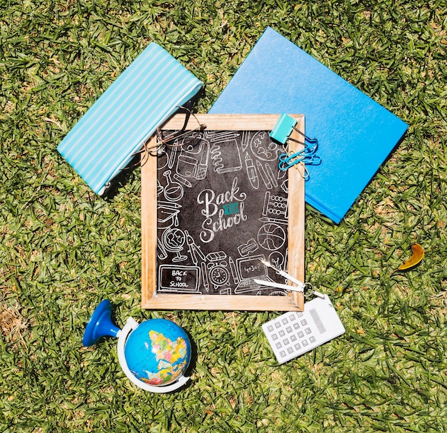 PSD flat lay back to school arrangement on grass