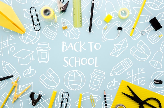 PSD flat lay back to school with blue background