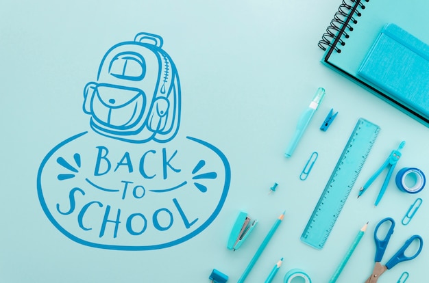 PSD flat lay back to school with blue supplies