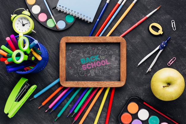 Flat lay back to school with chalkboard