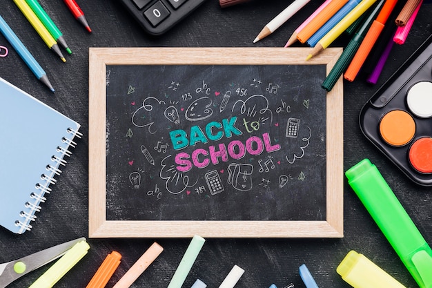 Flat lay back to school with chalkboard