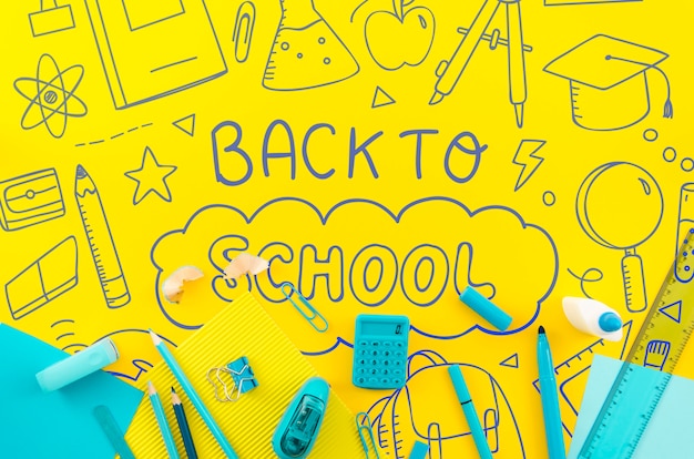 PSD flat lay back to school with yellow background