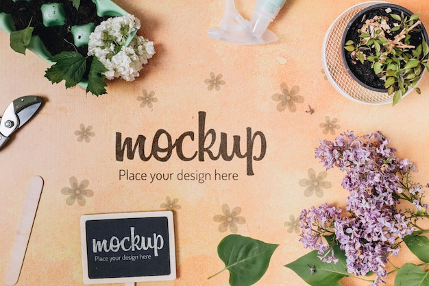 Flat lay background mock-up with gardening elements