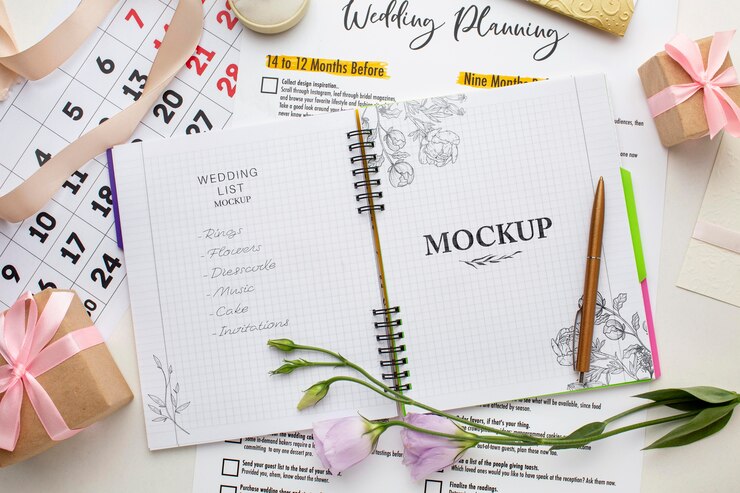 PSD flat lay of beautiful wedding concept mock-up