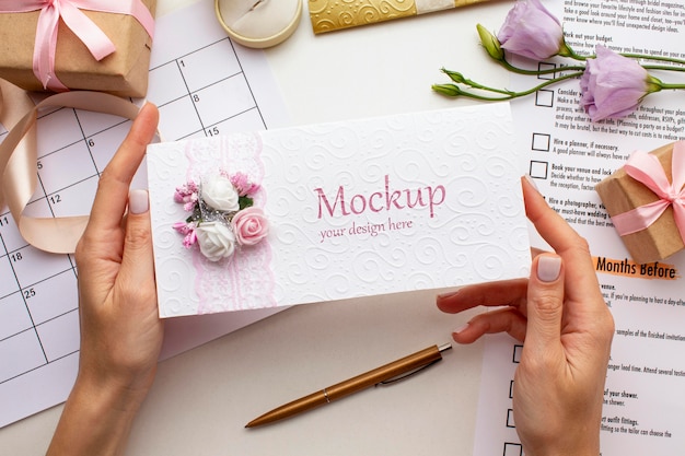 PSD flat lay of beautiful wedding concept mock-up