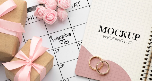 PSD piatto di laici bellissimo concetto di matrimonio mock-up