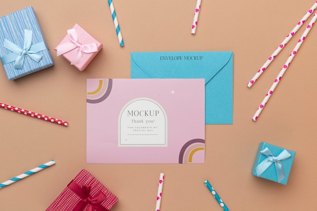 flat lay of birthday card with decoration