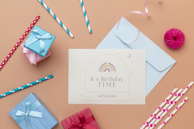 Flat lay of birthday card with decoration