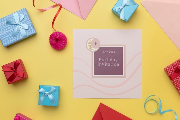 PSD flat lay of birthday card with decoration