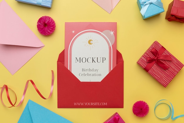 flat lay of birthday card with decoration