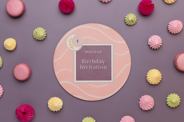 PSD flat lay of birthday card with decoration