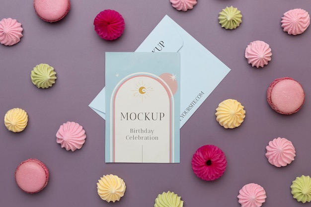 flat lay of birthday card with decoration
