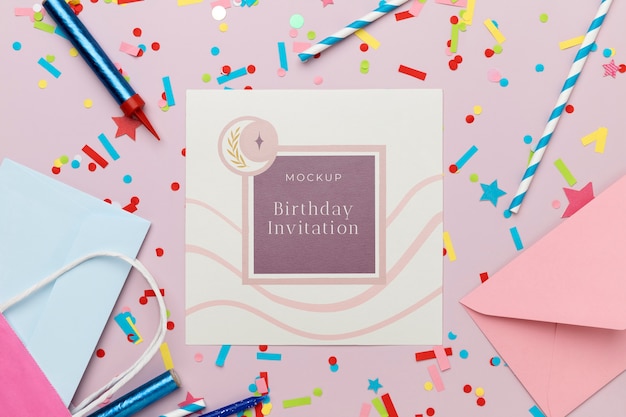 flat lay of birthday card with decoration