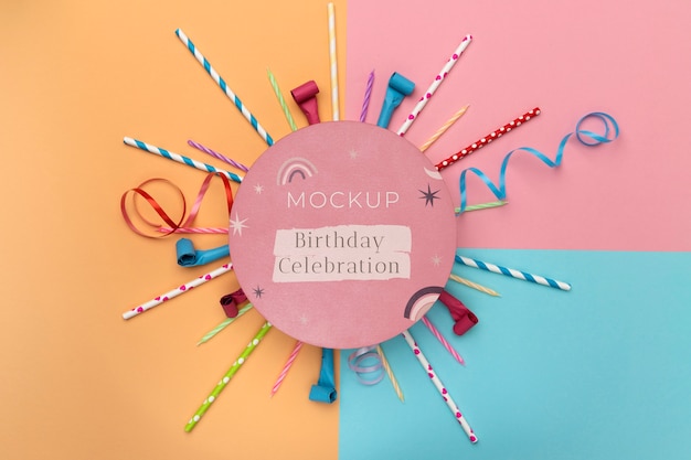 PSD flat lay of birthday card with decoration