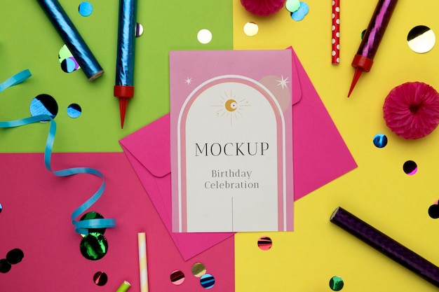 flat lay of birthday card with decoration