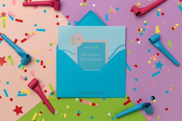 flat lay of birthday card with decoration
