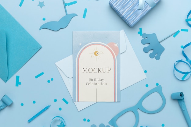 Flat lay of birthday card with decoration