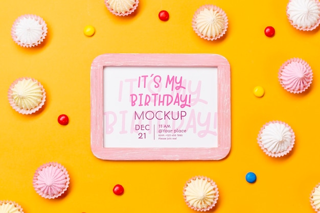 PSD flat lay birthday concept with frame