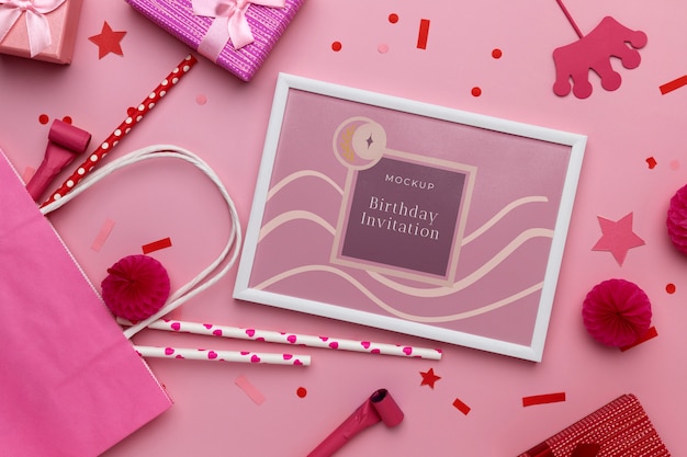PSD flat lay of birthday frame with decoration