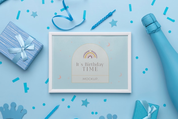 Flat lay of birthday frame with decoration