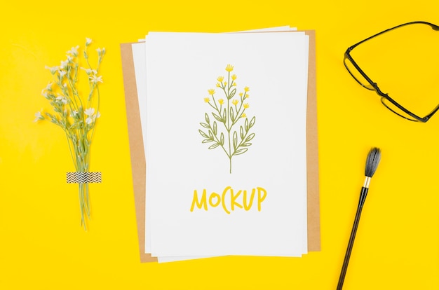 Flat lay botanical mock-up on desk