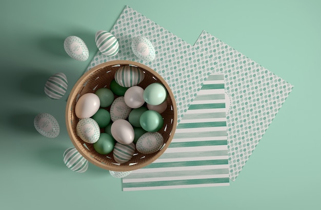 Flat lay bowl with painted eggs for easter