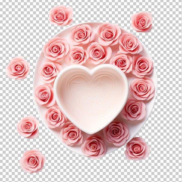 Flat lay of bowl with rose and hearts png