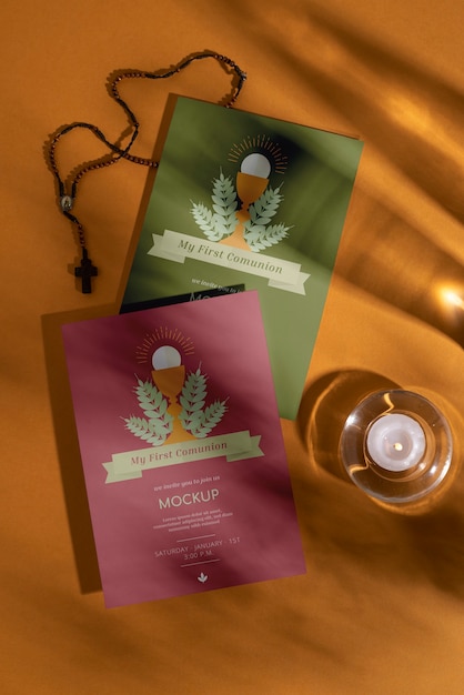 PSD flat lay boy communion invitation mockup