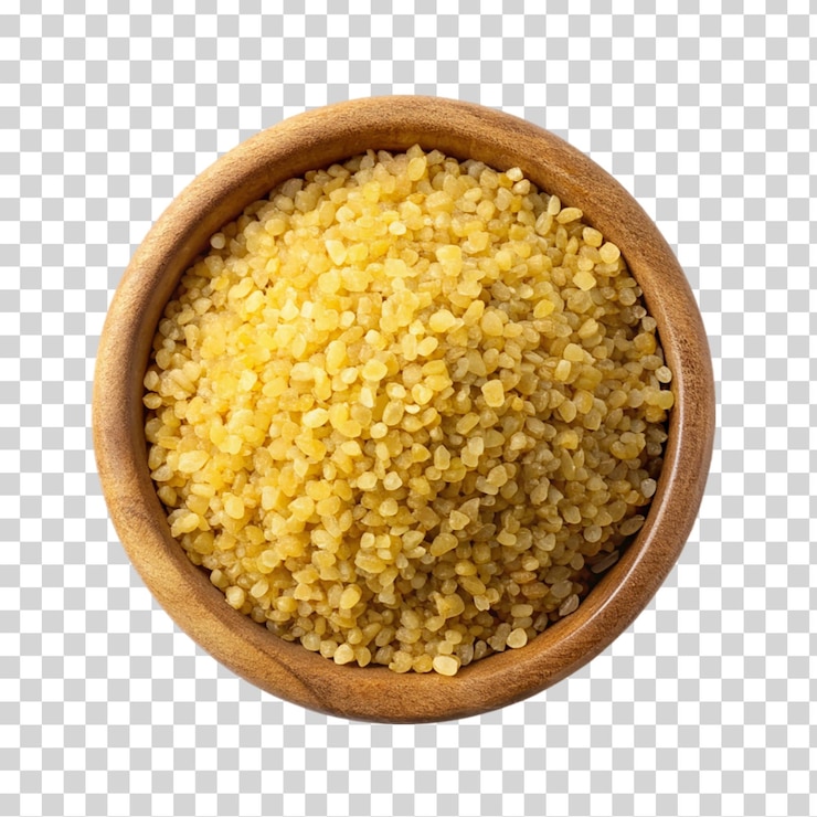 PSD flat lay bulgur durum in wooden bowl on transparent background