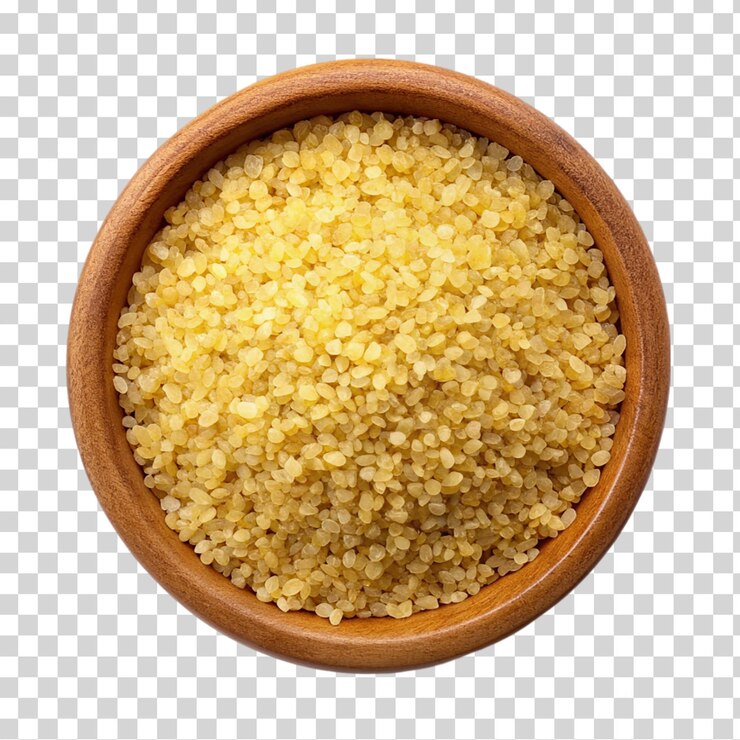 PSD flat lay bulgur durum in wooden bowl on transparent background