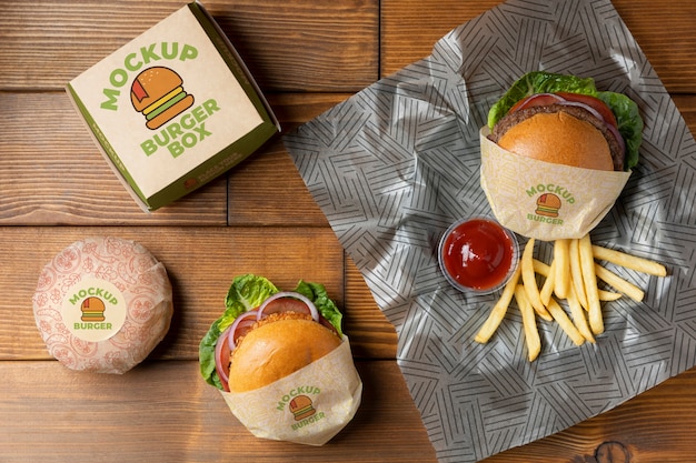 PSD flat lay burgers and fries arrangement