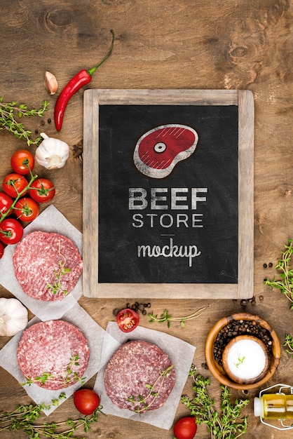 Flat lay butcher shop with burgers meat