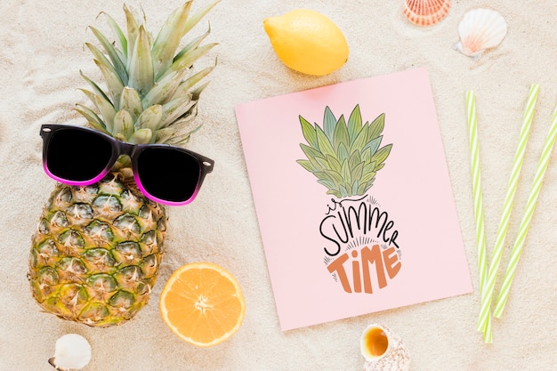 PSD flat lay card or paper mockup with summer elements