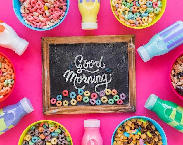 Flat lay of cereal bowls and milk bottles on pink background