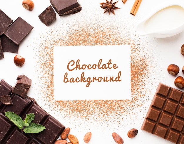 Flat lay chocolate powder background mock-up